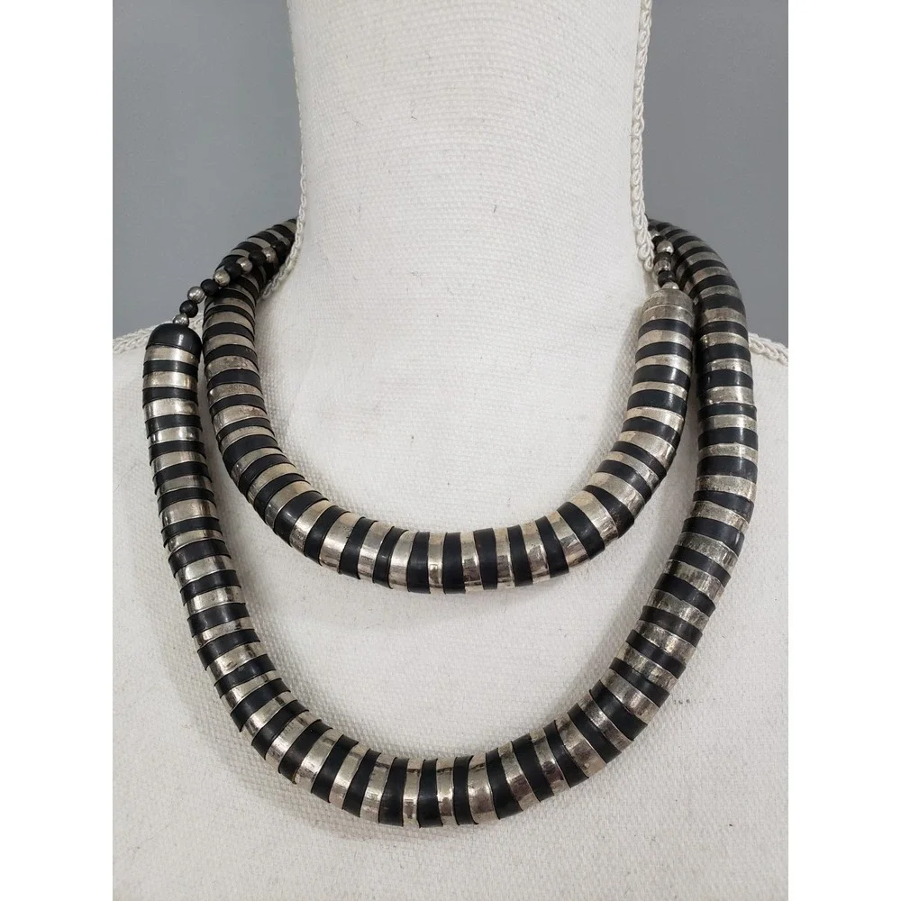 Vintage Statement Metal Disc Bead Necklace India Tribal Boho Snake Bib Brutalist